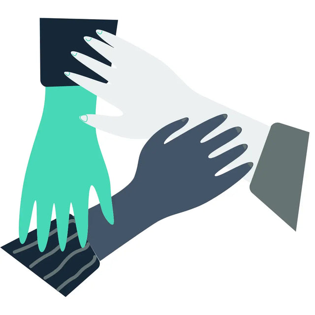 Three overlapping hands in teal, white, and gray symbolizing fostering potential through Avodah Dynamics.