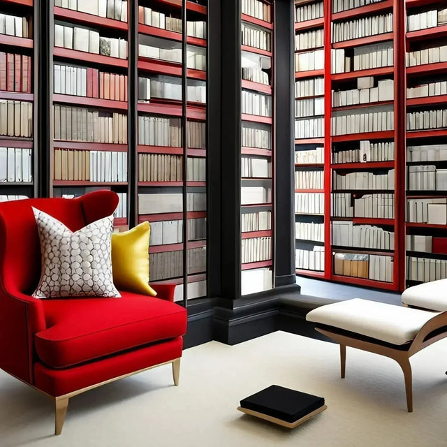 Red chair in a room with bookshelves, symbolizing continuous learning and hustle culture.