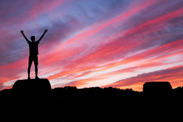 Silhouetted figure triumphantly celebrating milestones in Hustle Culture and SMART Goals.