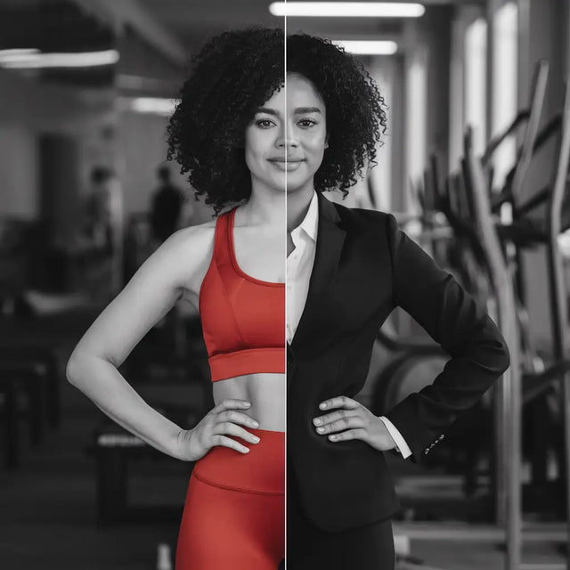 Woman in a red dress and black jacket exemplifying effective leadership in a wellness-focused workspace.