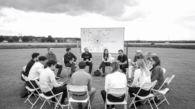 Group of team members engaging in strategic thinking around a whiteboard outdoors.