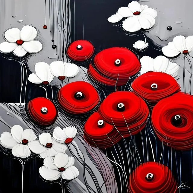 Painting of red and white flowers symbolizing creative potential in everyday life.