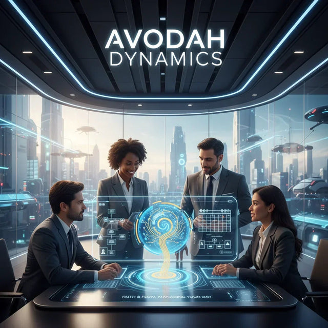 Holographic tree centerpiece with glowing blue and green leaves symbolizing avodah flow