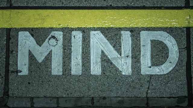 White stenciled word MIND on gray asphalt surface representing growth and fixed mindset
