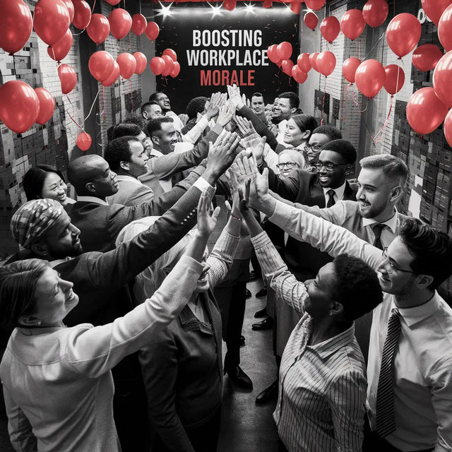 People holding hands in a circle with red balloons, symbolizing employee satisfaction in a positive workplace culture.