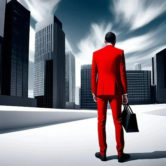 Man in a red suit walking through a city, embodying successful year and new year resolutions.