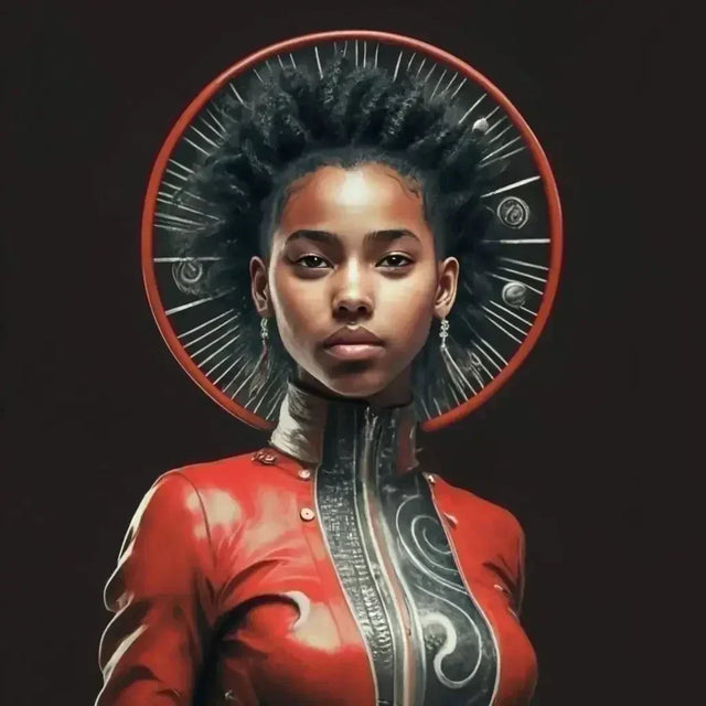 Woman in a red dress and large headpiece symbolizing personal growth and true potential.