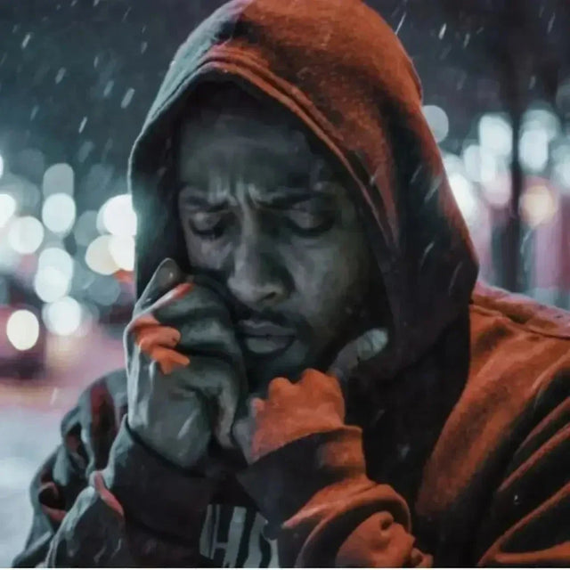 Man in a red hoodie smoking a cigarette, symbolizing unresolved emotions and festering feelings.