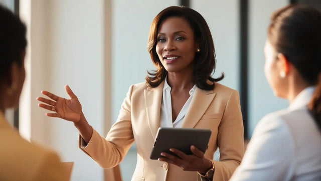 Professional in beige blazer gesturing with tablet during Spiritual Leadership discussion.