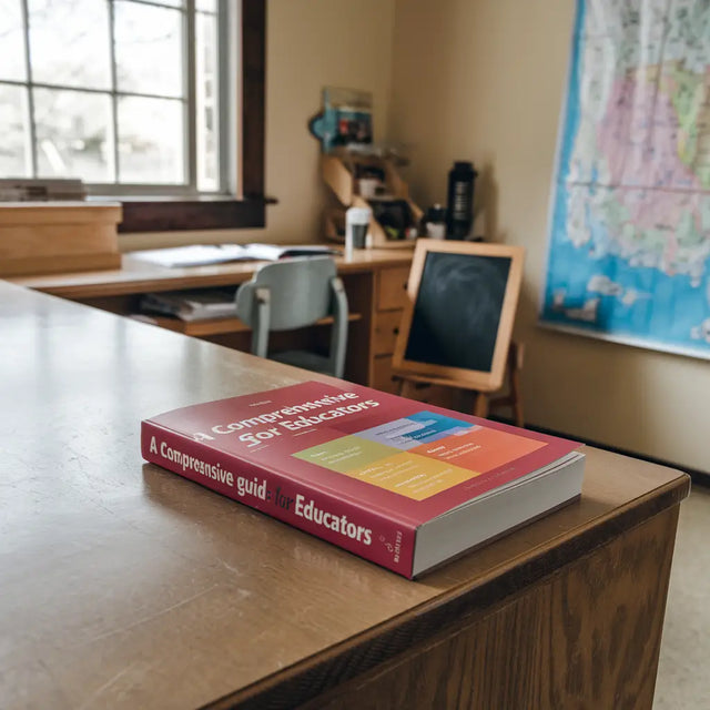 Red textbook titled A Comprehensive Guide for Educators on desk, evaluating school vision initiatives.