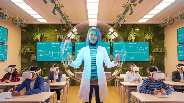 Holographic figure in lab coat demonstrates visionary leadership perspectives in education.