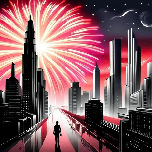 A man walking in a city street under fireworks symbolizes personal growth and lessons learned.