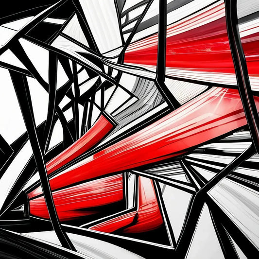 Abstract painting of red and white lines and a black and white background