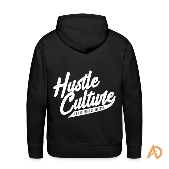 Black hoodie with ’Hustle Culture’ text design in white lettering.