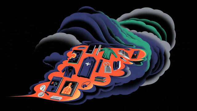 A cloud-like formation emitting a stream of various consumer products, including clothing, electronics, books, and other goods.