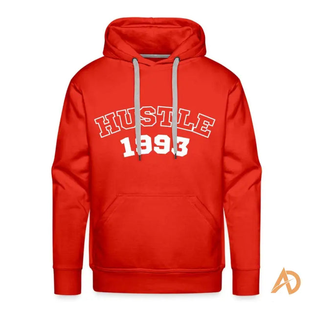 Red Men’s Premium Hoodie with Vintage Vibe by Hustle Culture, embodying timeless spirit