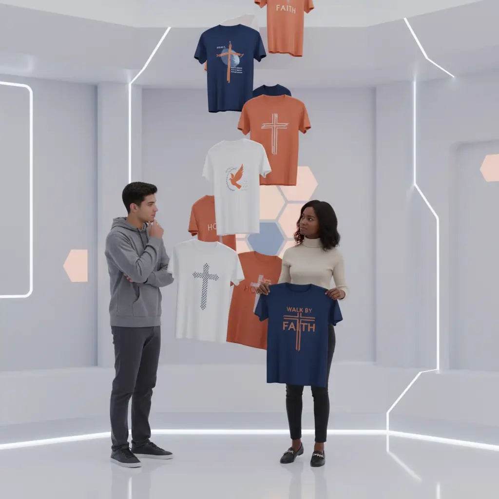 Blue cotton t-shirt with cross and Faith design by Avodah Dynamics Christian apparel