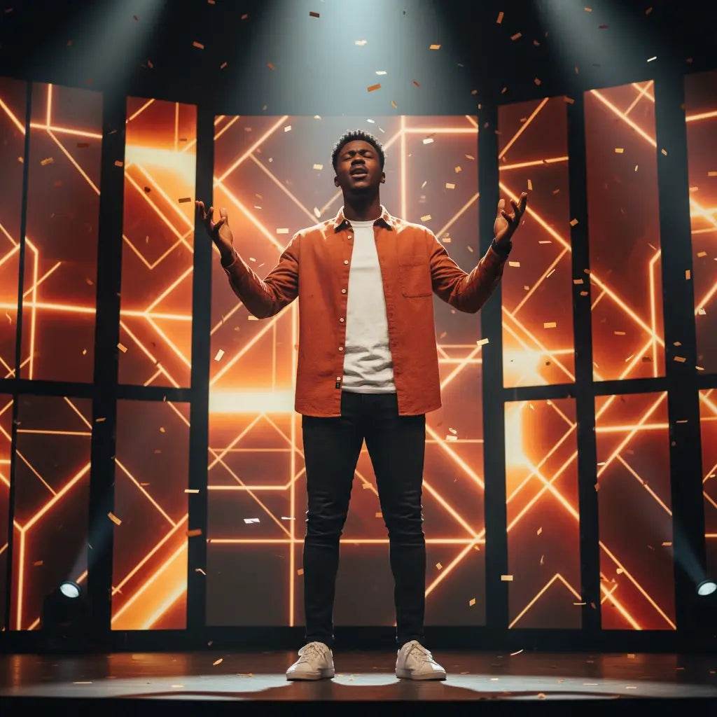 Orange shirt with white sneakers and black pants in avodah dynamics worship style