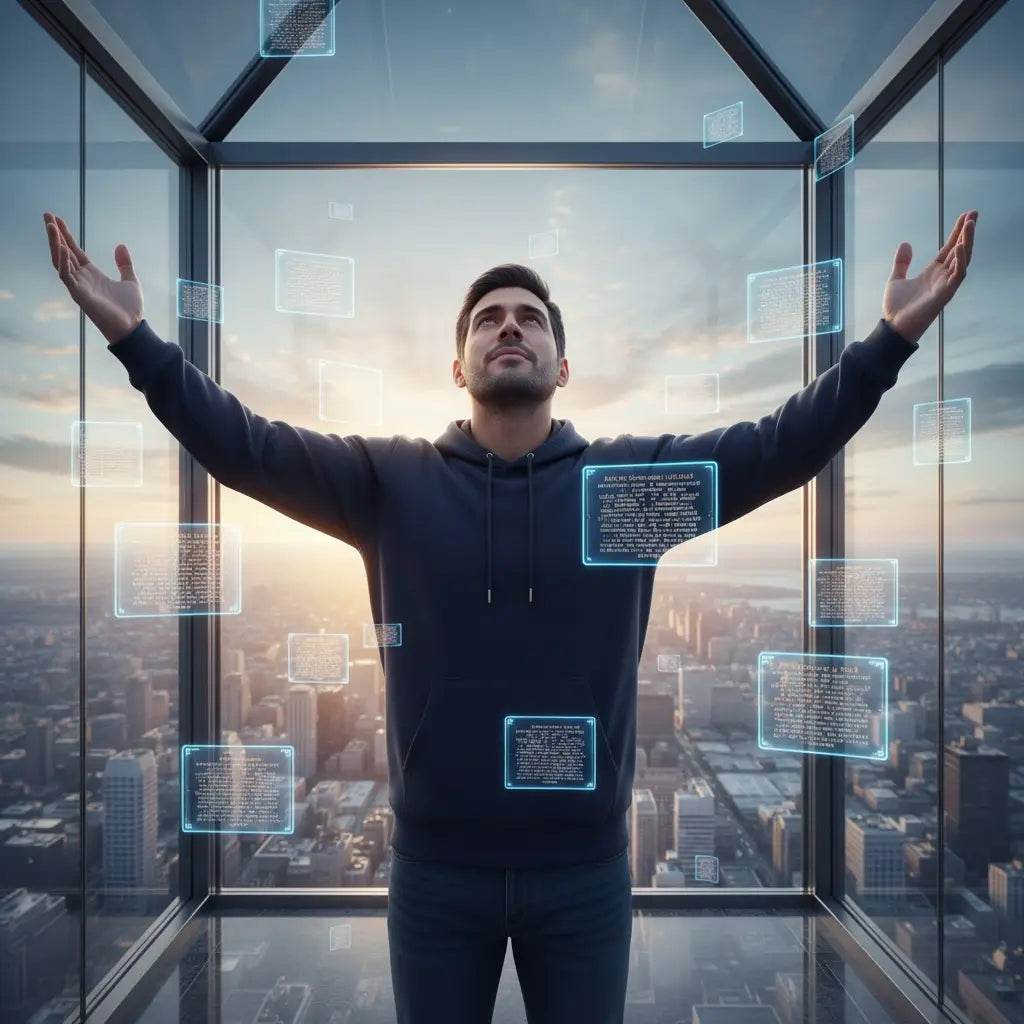 Black hoodie with blue holographic text on spiritual disciplines