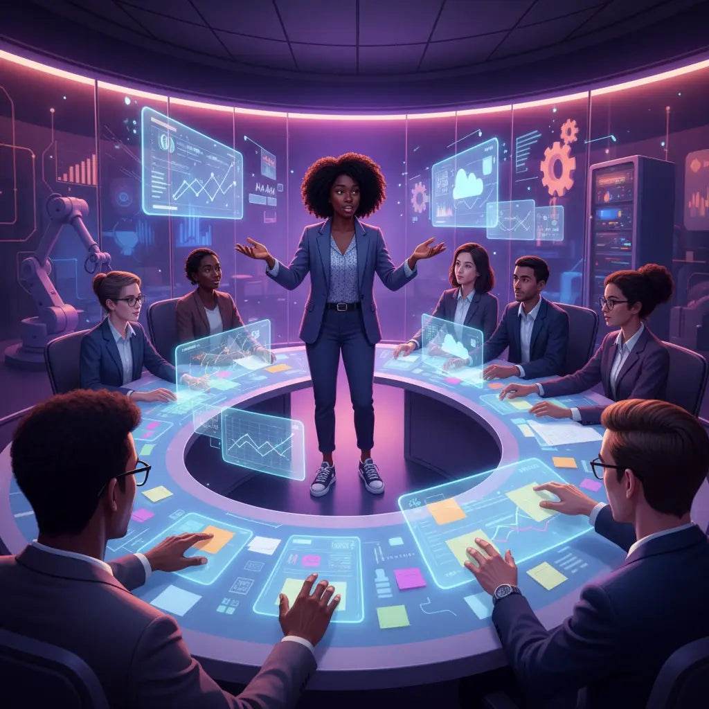Futuristic holographic touchscreen table for Christian leadership journey