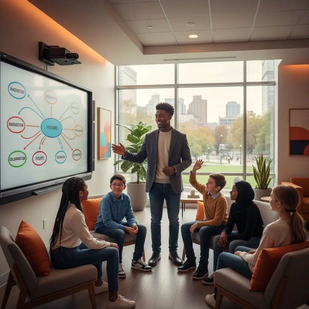 Gen Z leaders viewing vibrant 4K smart TV in Christian coaching session