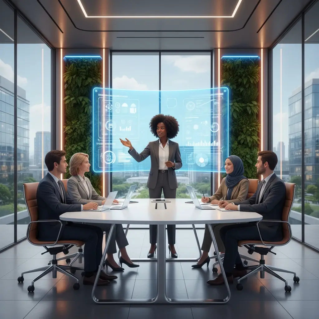 Holographic screen meeting table for faith integration in professional life