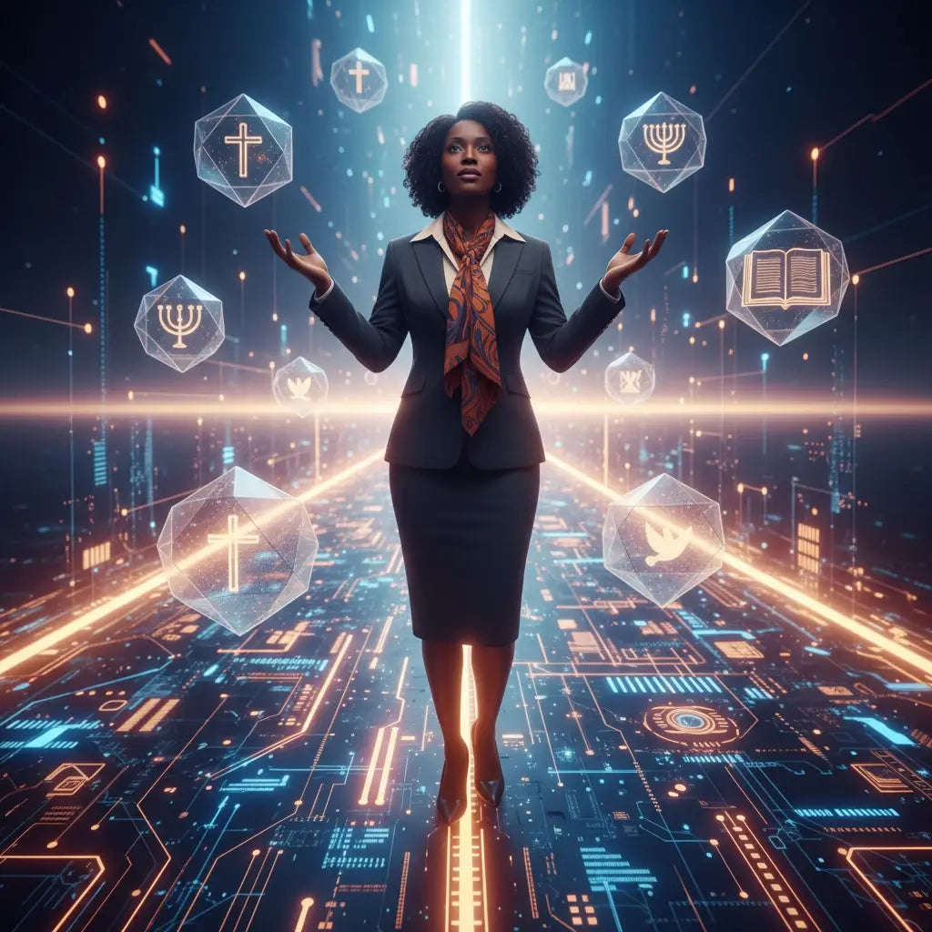 Professional in black suit with orange tie on circuit board, Avodah Dynamics faith-based coaching.