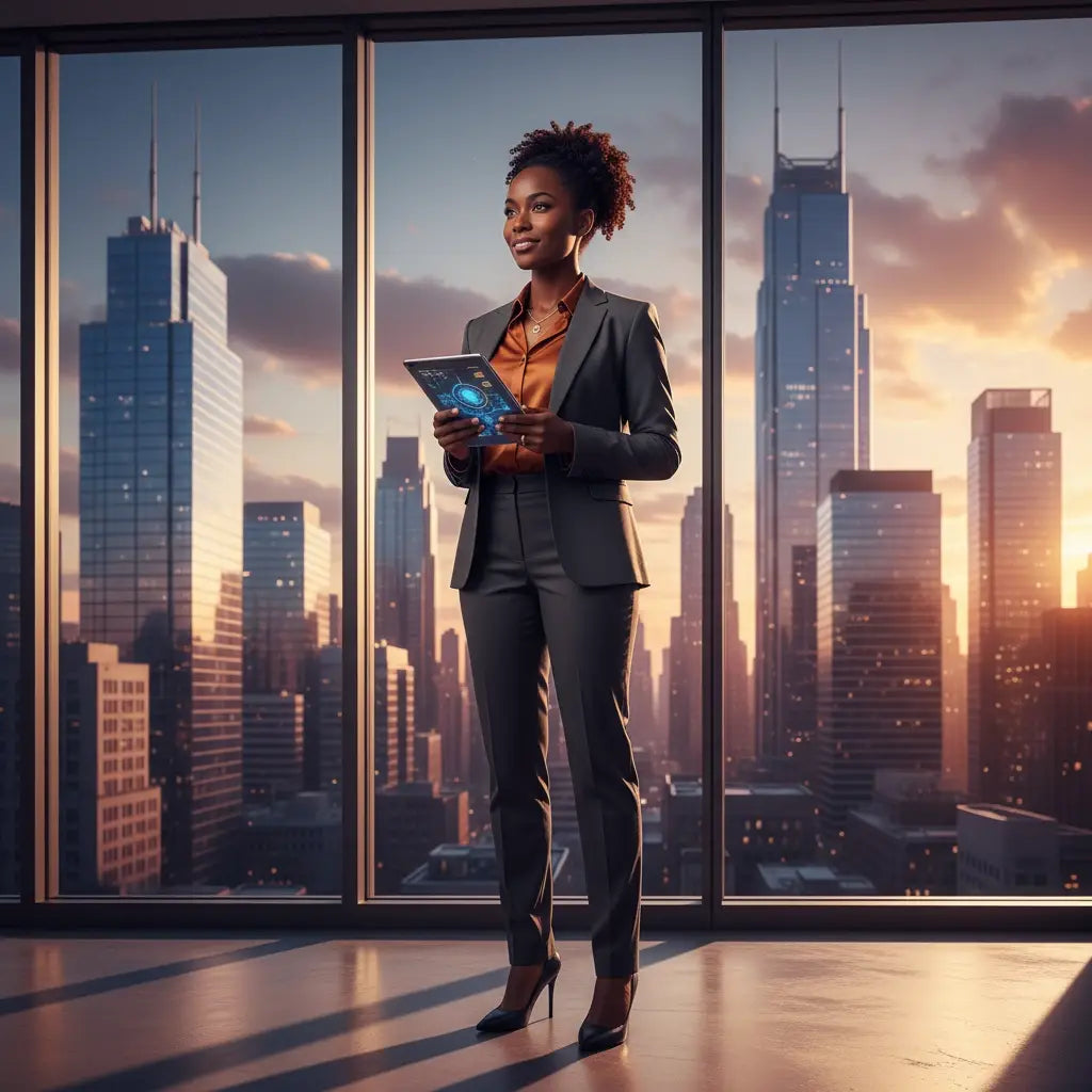 Black tablet with blue screen showing faith-fueled success in entrepreneur coaching