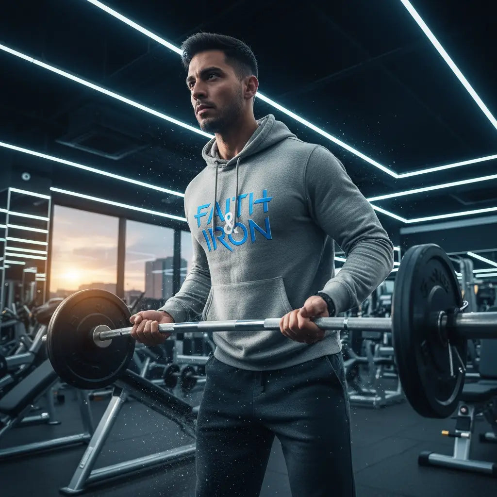 Grey cotton hoodie with Faith and Iron text in blue and white by Avodah Dynamics Christian apparel.