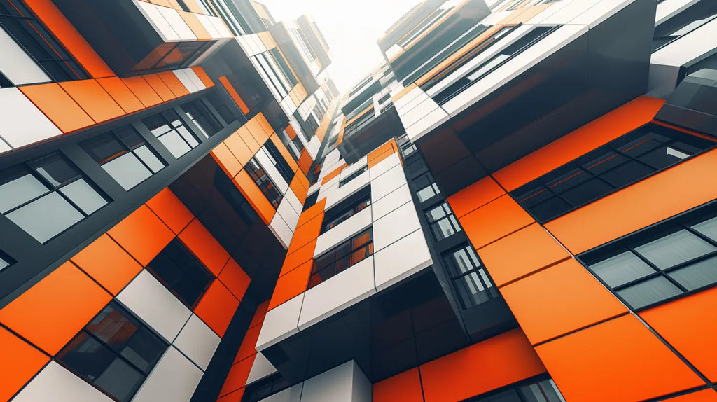 Modern building facade with orange, black, and white patterns representing purposeful success.