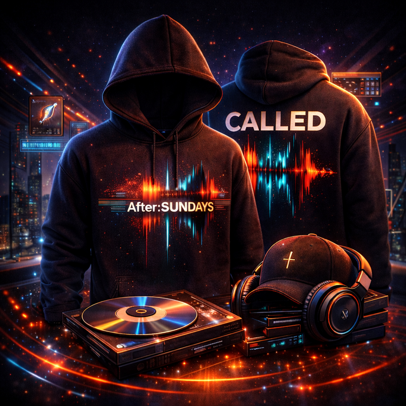 Avodah Dynamics 'After:Sundays' and 'Called' Christian apparel hoodies. Two people wearing faith-inspired streetwear next to DJ equipment in a futuristic cityscape, representing the intersection of faith, music, and the grind.