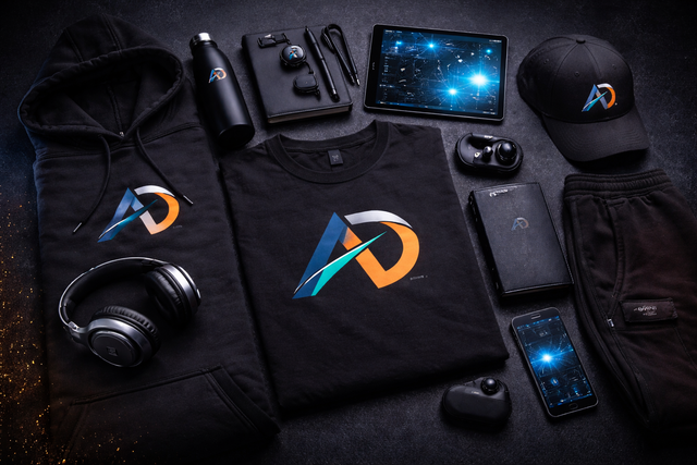 Avodah Dynamics Archive collection: A black logo t-shirt, headphones, and tech accessories on a dark surface. Essential Christian apparel and digital assets for the modern professional living out their calling.