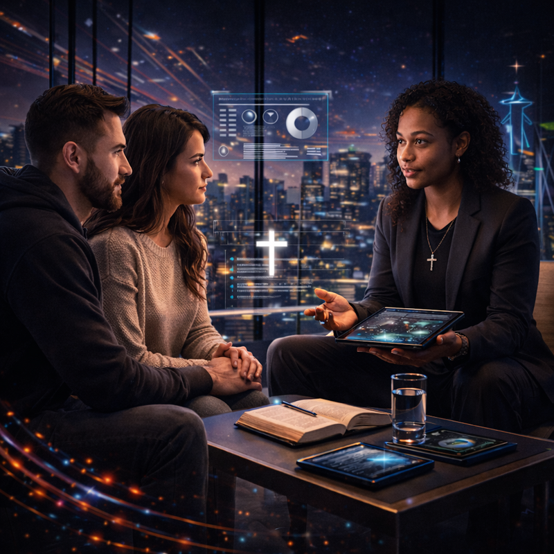 Avodah Dynamics Christian coaching and leadership development: A mentor presenting futuristic growth technology to a couple in a modern city setting. Blending biblical wisdom with strategic alignment for the new architecture of the grind.