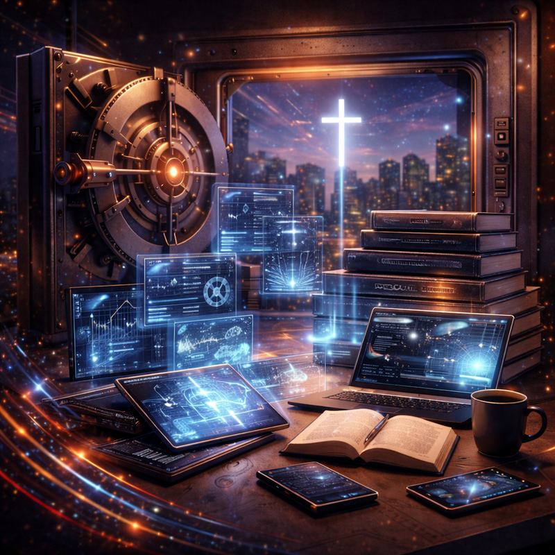 Avodah Dynamics Growth Resources: A futuristic technology setup with digital interfaces and leadership books. A cross on a cityscape screen representing Biblical leadership tools, spiritual discipline protocols, and Christian growth resources."
