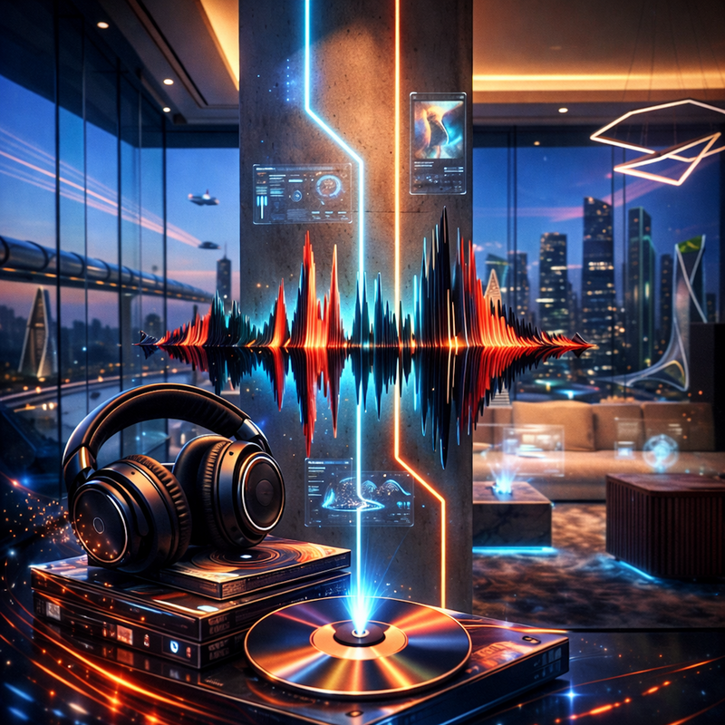 Avodah Dynamics Sound of the Movement: THE SOUNDSCAPE featuring headphones and vinyl records in a futuristic cityscape. High-quality Christian music, digital audio assets, and faith-based soundtracks for the daily grind.