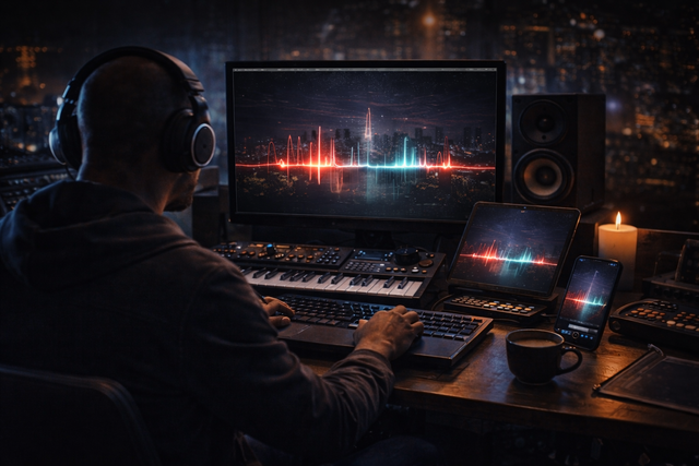 Avodah Dynamics Soundscape: Music production in a dark, atmospheric studio with city lights. Prophetic energy, dark trap soul influences, and faith-based audio assets designed for spiritual focus and the daily grind.