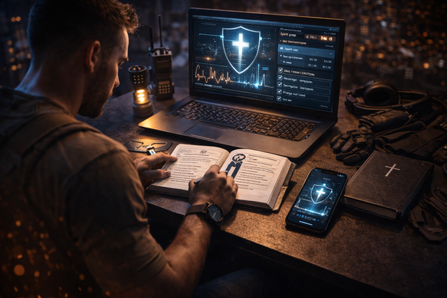 Avodah Dynamics Sprints: A focused professional studying with a laptop and books, featuring a security shield icon for spiritual discipline protocols. Tactical Christian coaching and productivity tools to protect your purpose and execute with discipline.