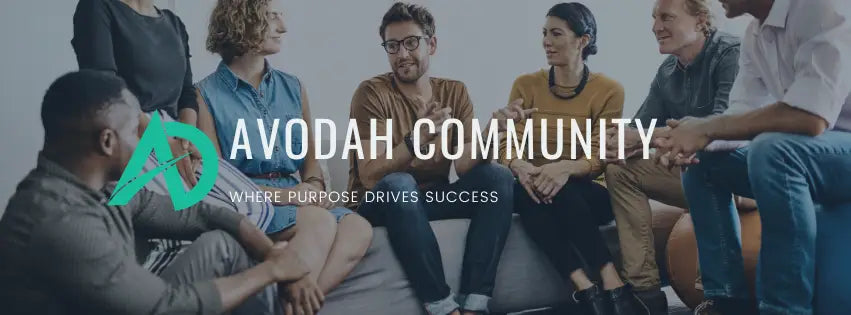 Social media banner for Avodah Community showcasing people in conversation and a teal logo.