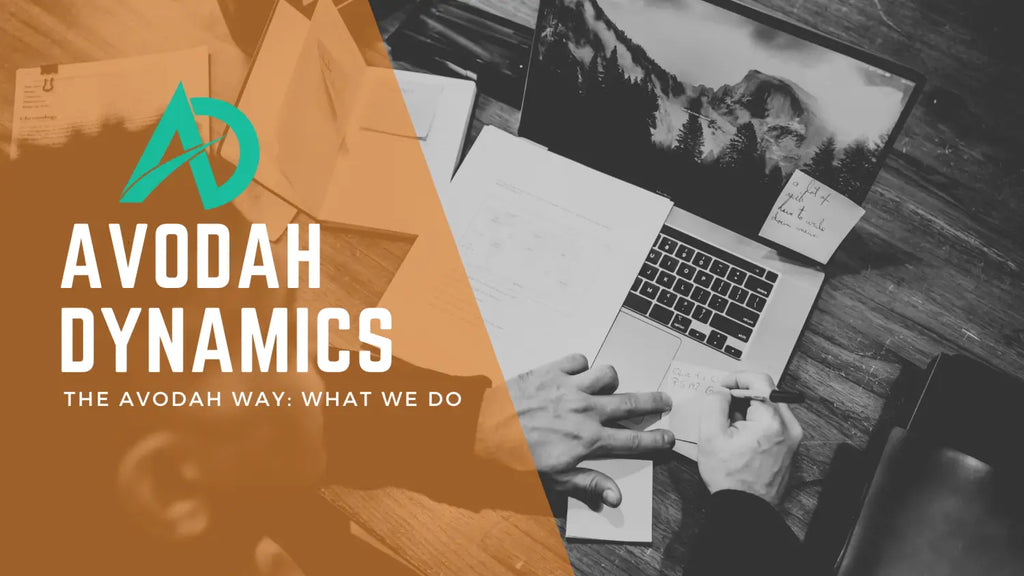 Corporate branding design for Avodah Dynamics showcasing a teal logo on orange shape.