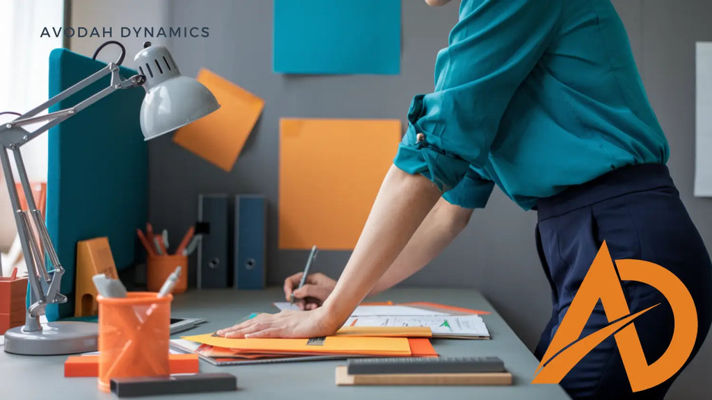 Individual in teal shirt at desk with orange supplies, representing Leadership Development Program.