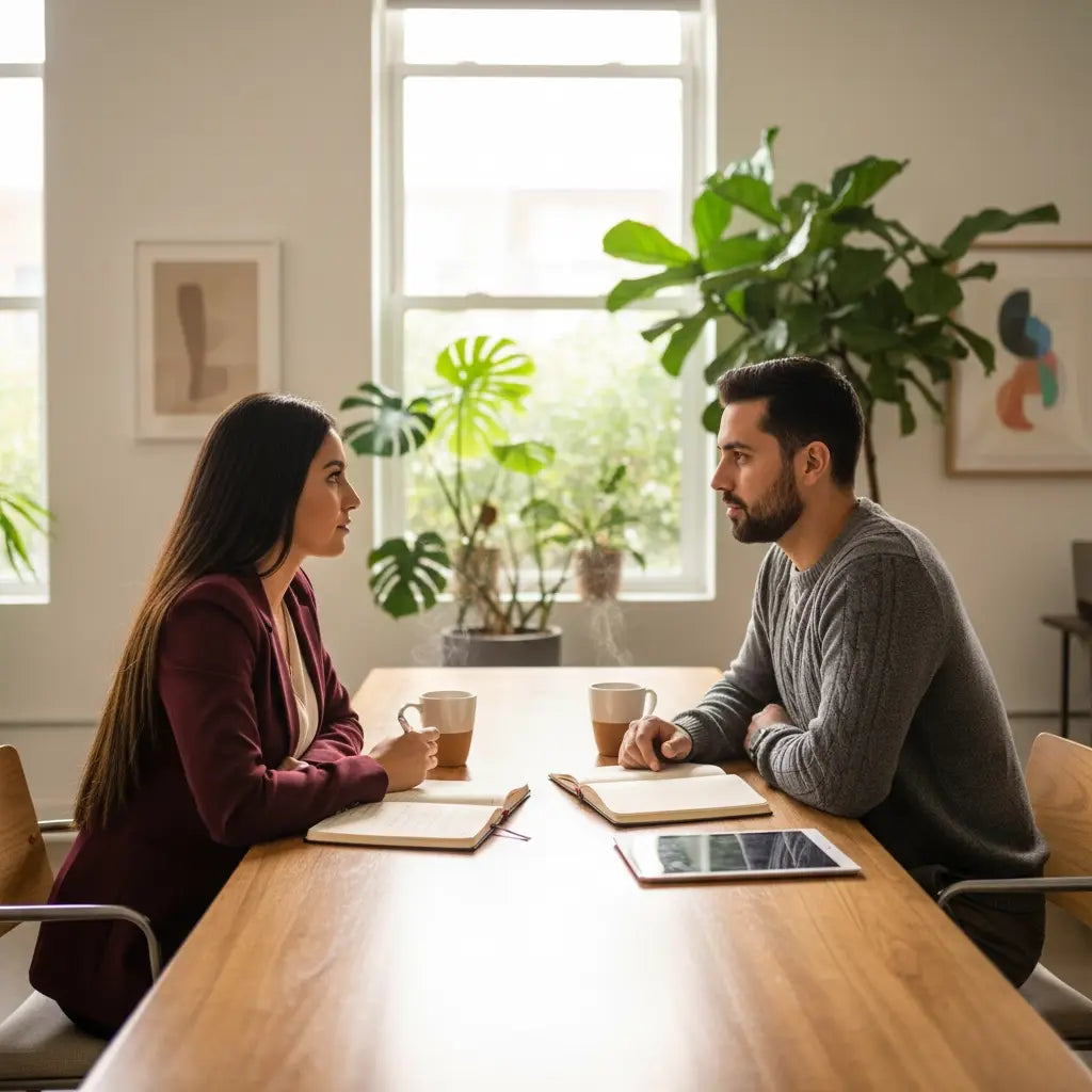 Wooden conference table in Christian marriage coaching session