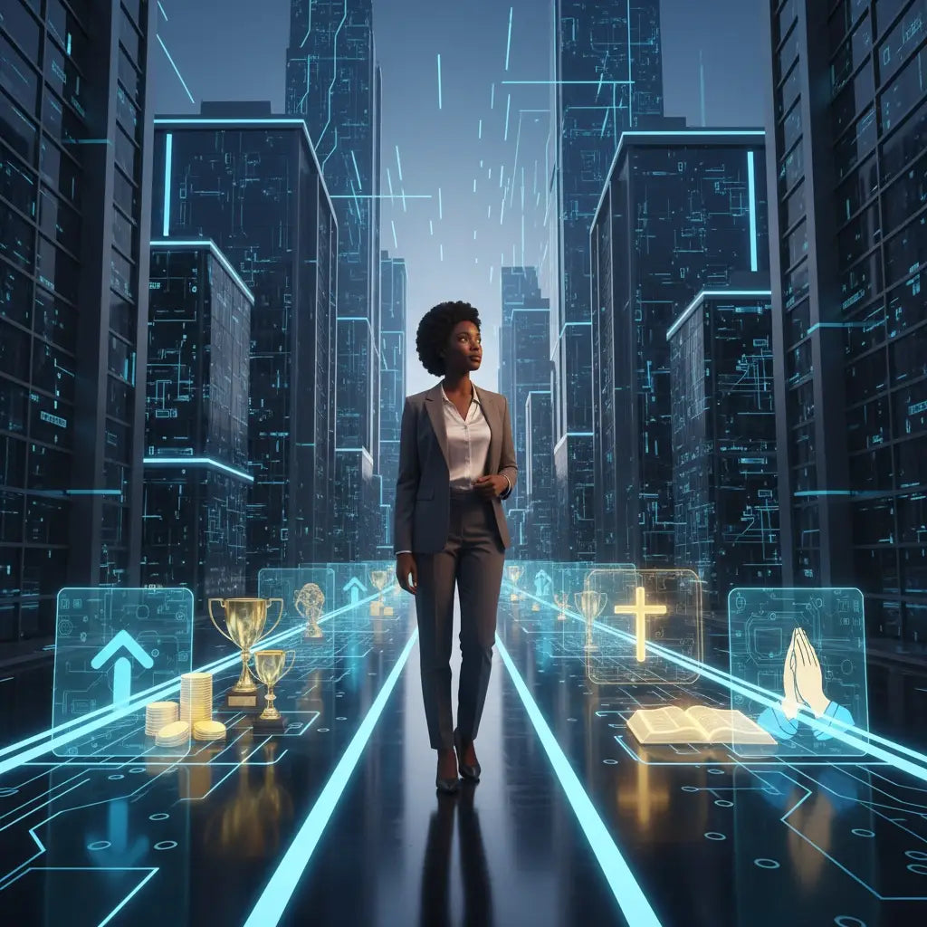 Holographic blue circuit board cityscape for faith-filled mindset and biblical goal-setting