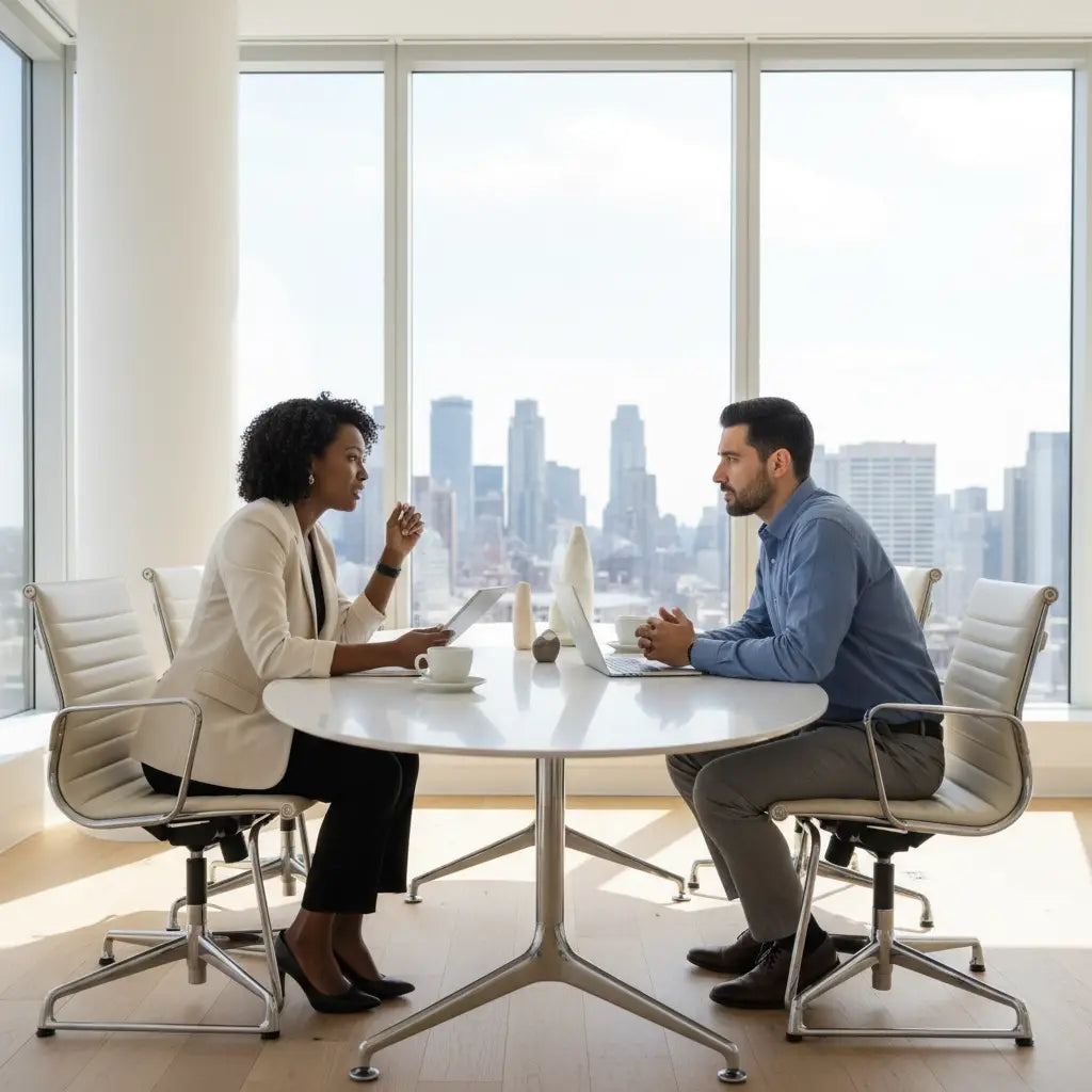 Modern white round table with metal base by Avodah Dynamics for Christian life coaching