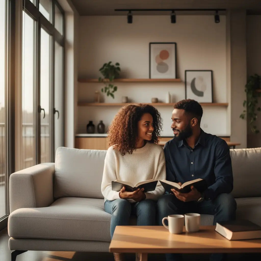 Modern beige sofa with metal legs for Christian marriage coaching spaces
