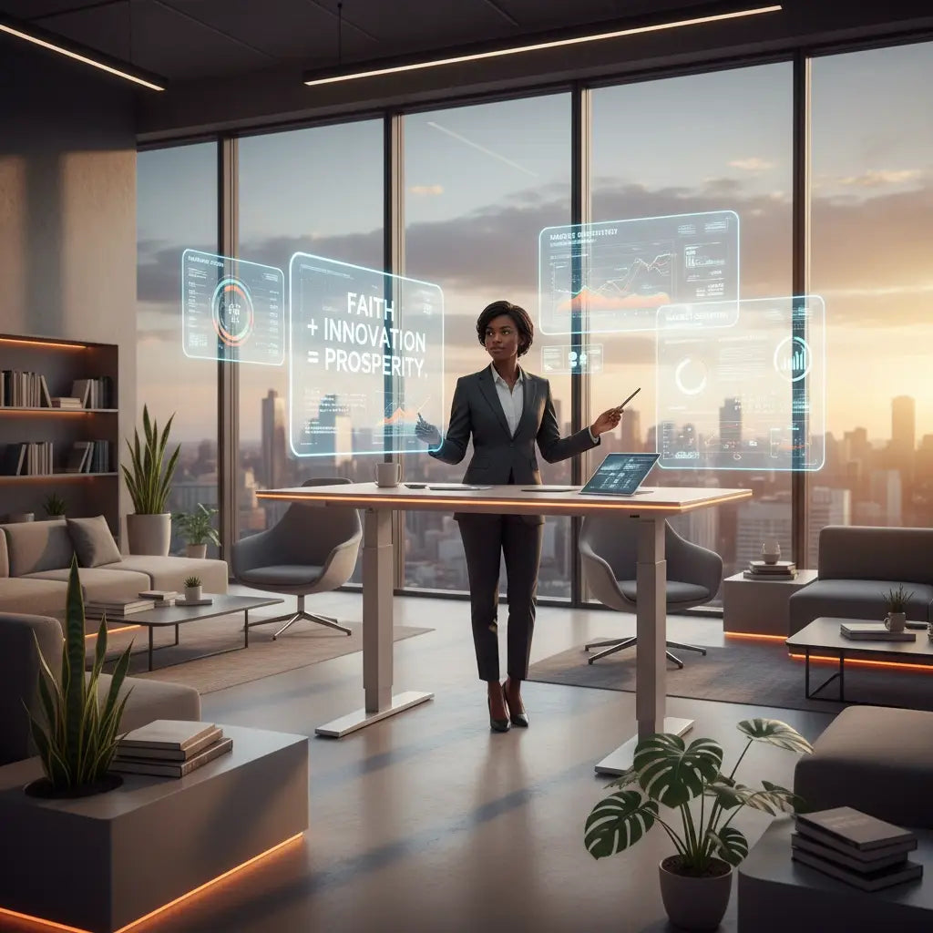 Wooden floating desk with holographic interface in Avodah Dynamics design