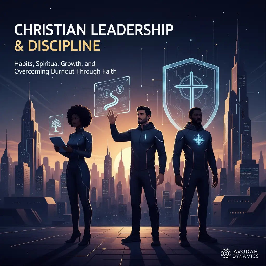 Futuristic cityscape inspiring Christian leadership discipline and overcoming burnout