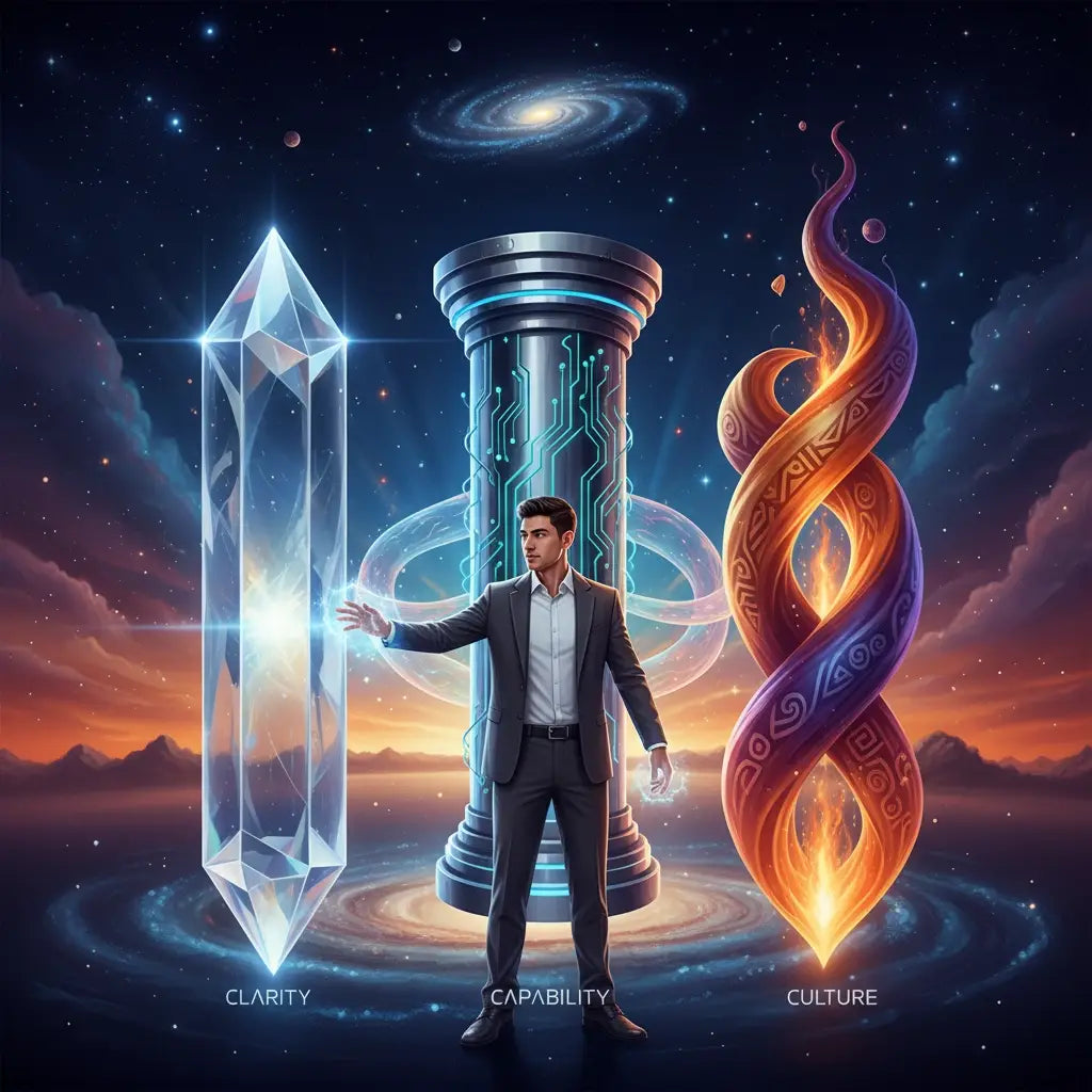 Blue crystal pyramid with white base in Avodah Dynamics for sustainable success