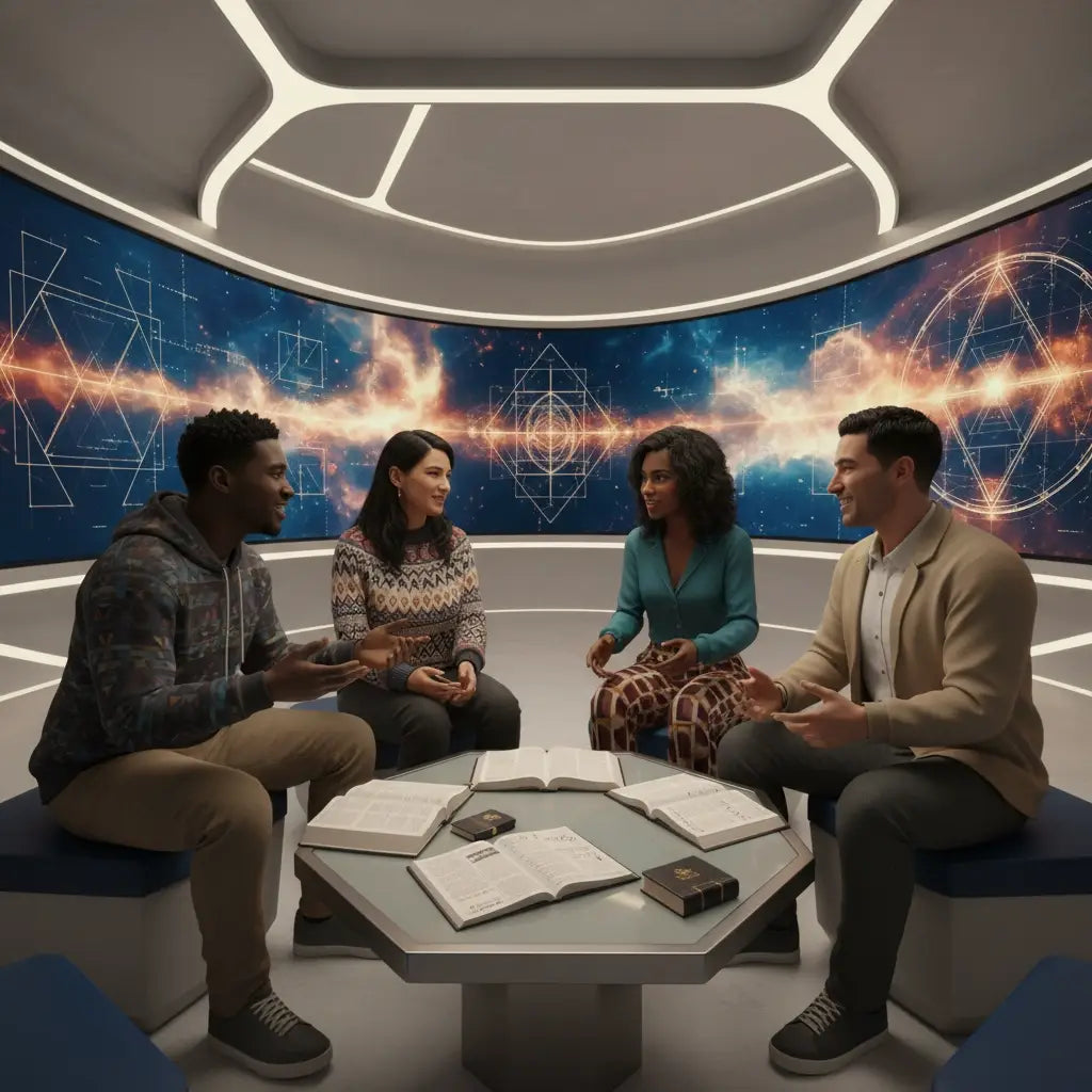 Round glass coffee table with books, mouse, and Christian coaching notes for spiritual growth