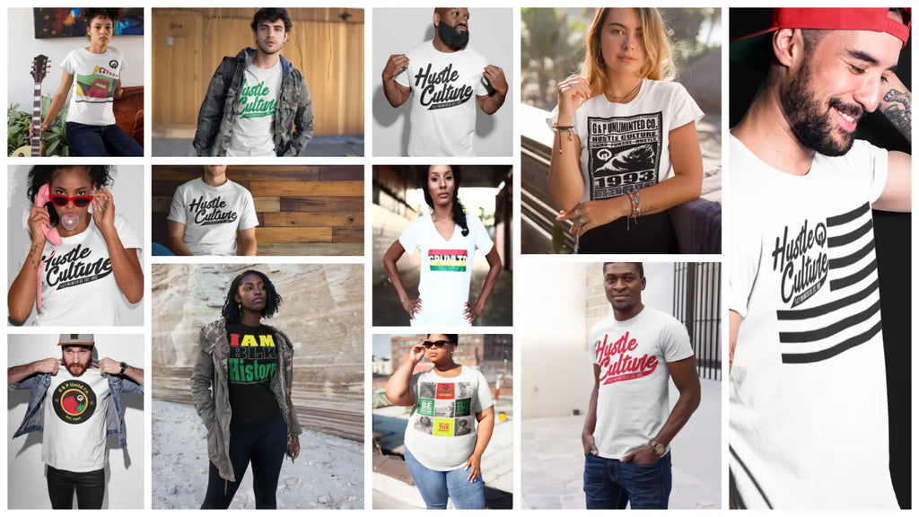 Collage of individuals showcasing graphic t-shirts embodying hustle culture and unlimited company spirit.