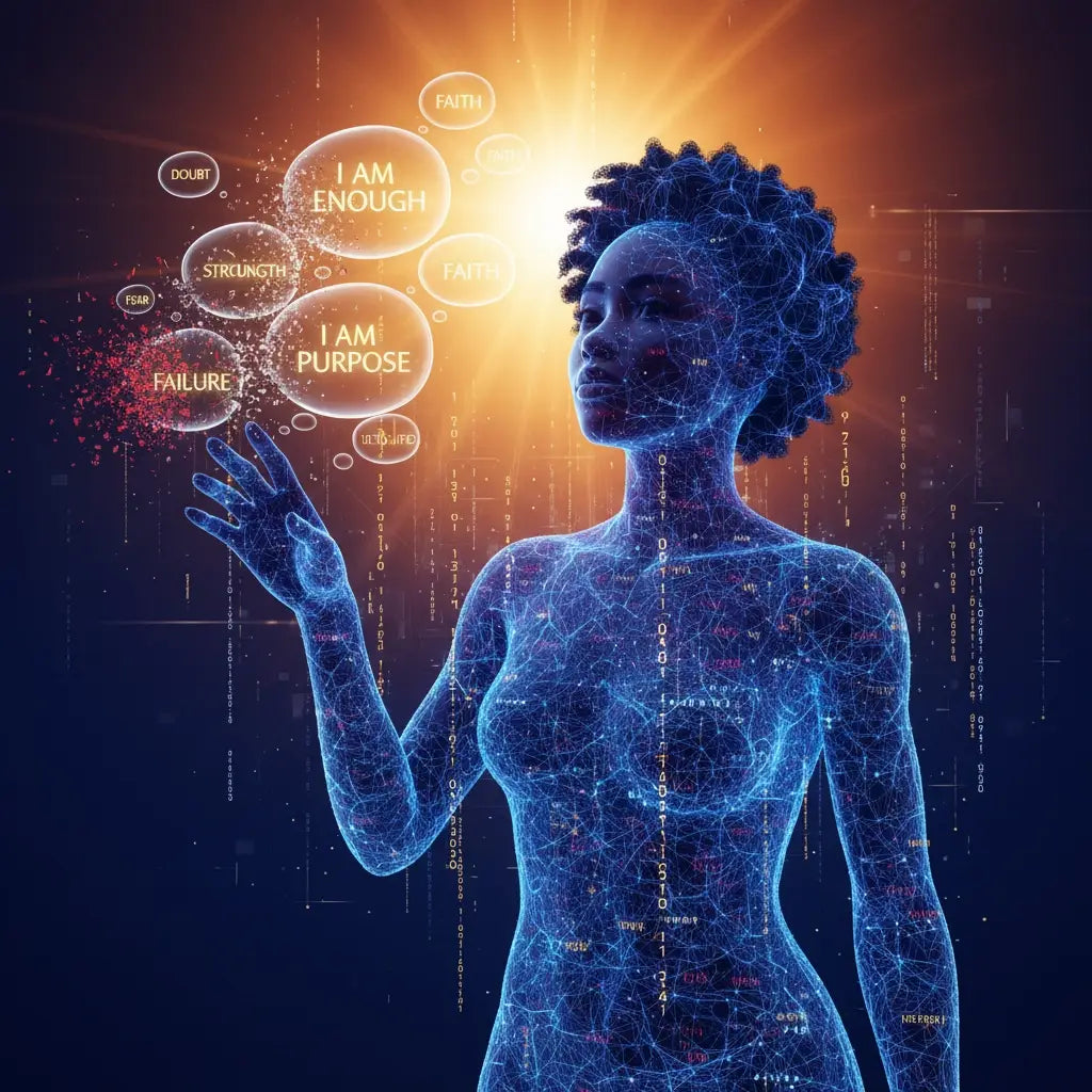 Holographic woman with faith-filled mindset in biblical goal-setting design